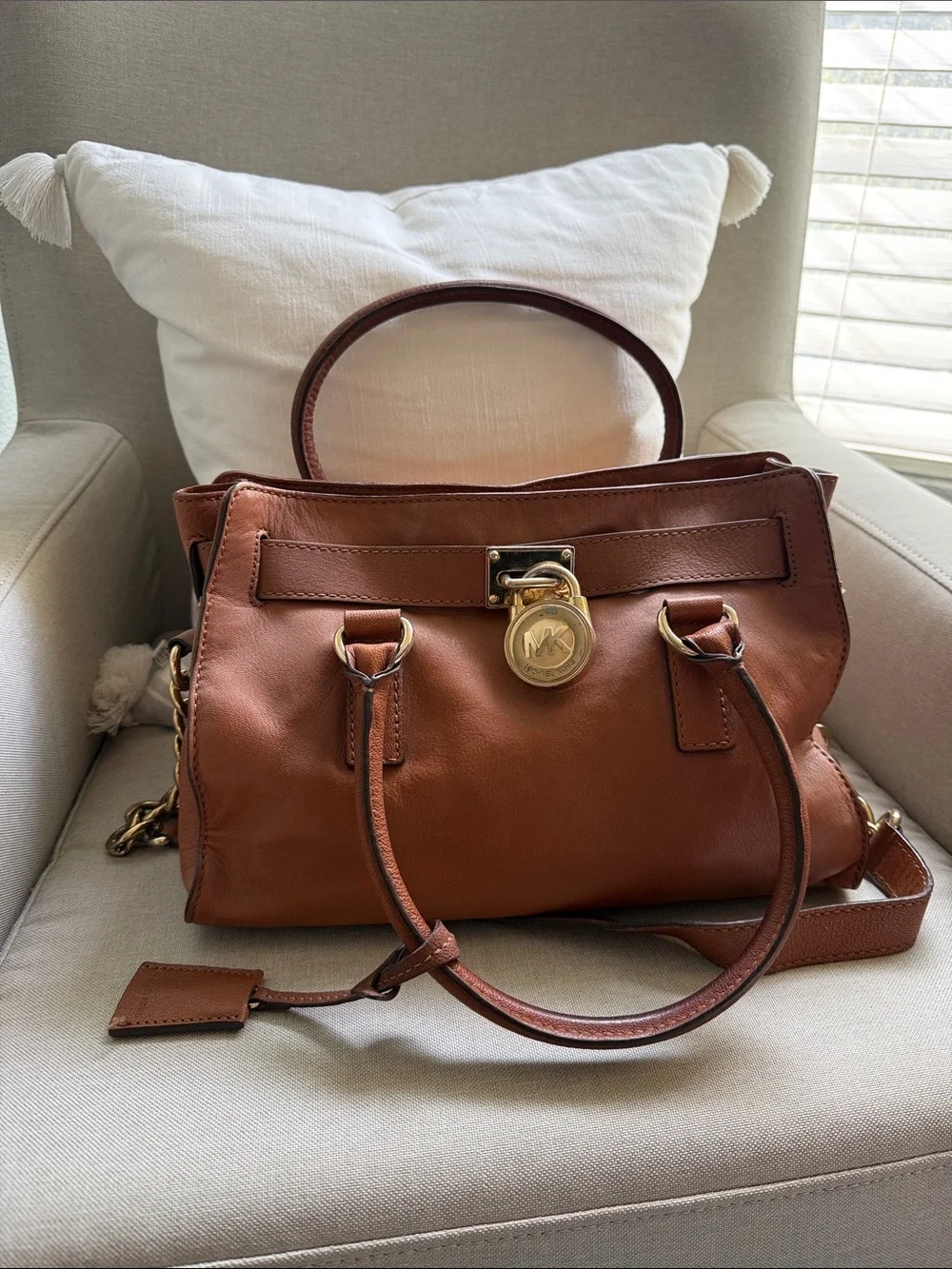 Michael Kors Cognac Leather Satchel with Gold Hardware